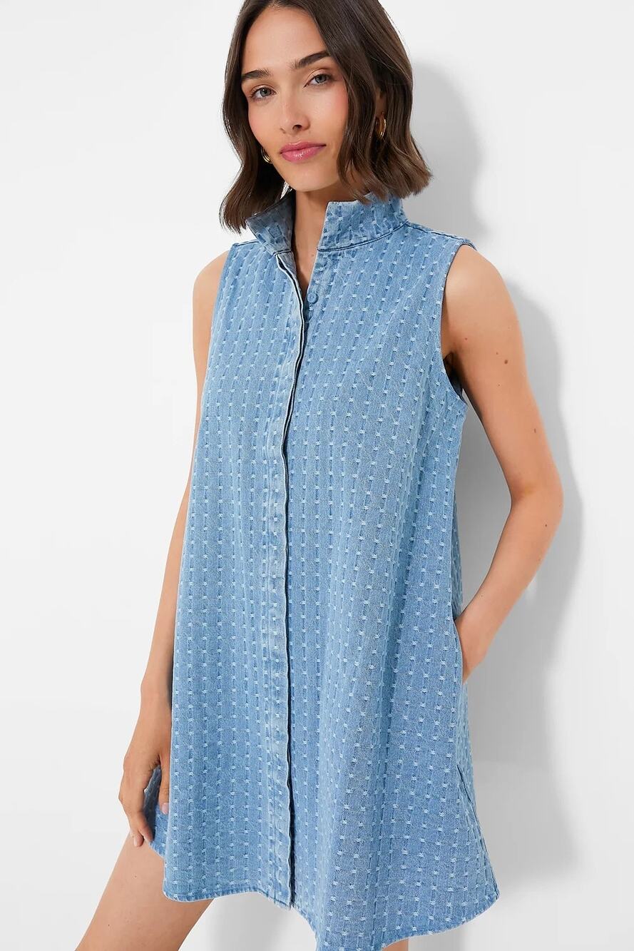 Tuckernuck Denim Charlie Light Wash Polka Dot Sleeveless Mini Dress Pockets